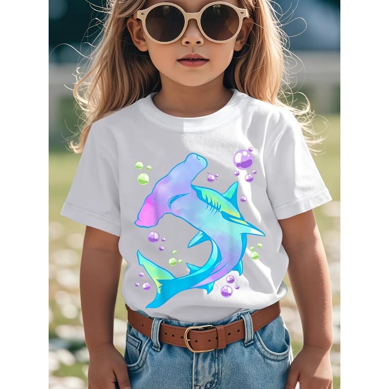 European sizes Boys Hammerhead Shark Marine Life Graphic T-Shirt - Cute & Pink Shark with Bubbles & Fish Design 110 белый