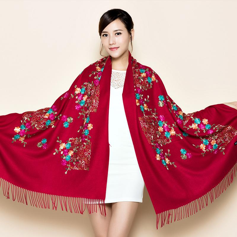 300g Faux Cashmere Embroidered Plum Blossom Scarf, Women's Ethnic Travel Wrap - Warm New Year Holiday Shawl
