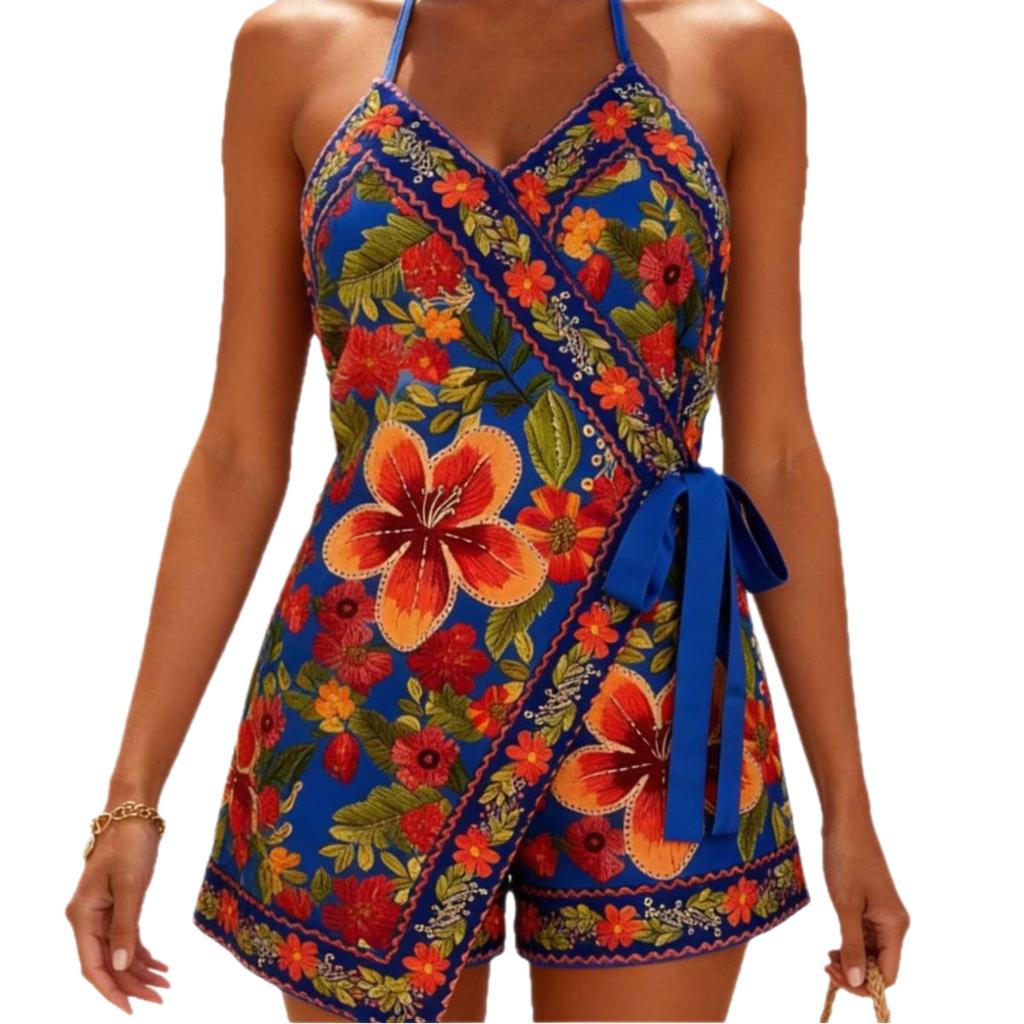 Beliebter bedruckter Wickel-Jumpsuit, blauer Nackenhalter, lässige Damenbekleidung im Urlaubsstil