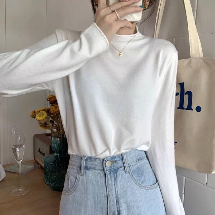 Spring 2025 Women's Knit High Neck Slimming Long Sleeve T-Shirt
