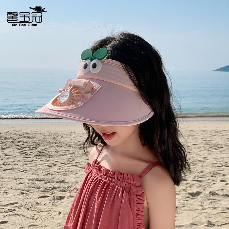 Children's hats summer boys and girls outdoor big brim sun protection empty top hat cartoon cute sun hat with fan