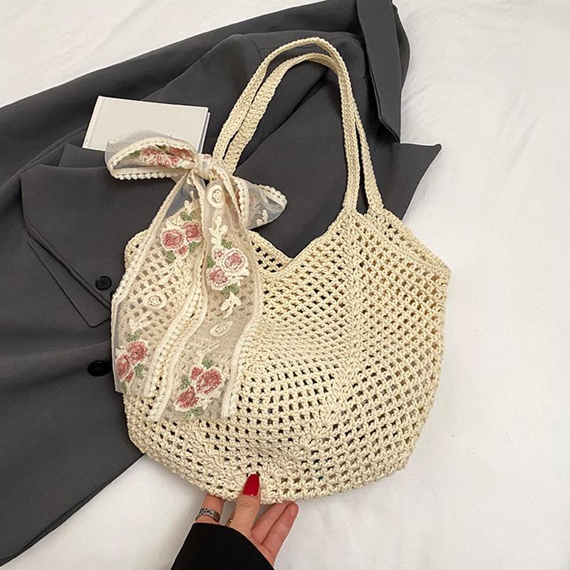 Yogodlns Solid Color Crochet Tote Handbag Summer Beach Scarf Decor Fashion Women's Mesh Woven Shoulder Bags Large Capacity Knitting Underarm Bag