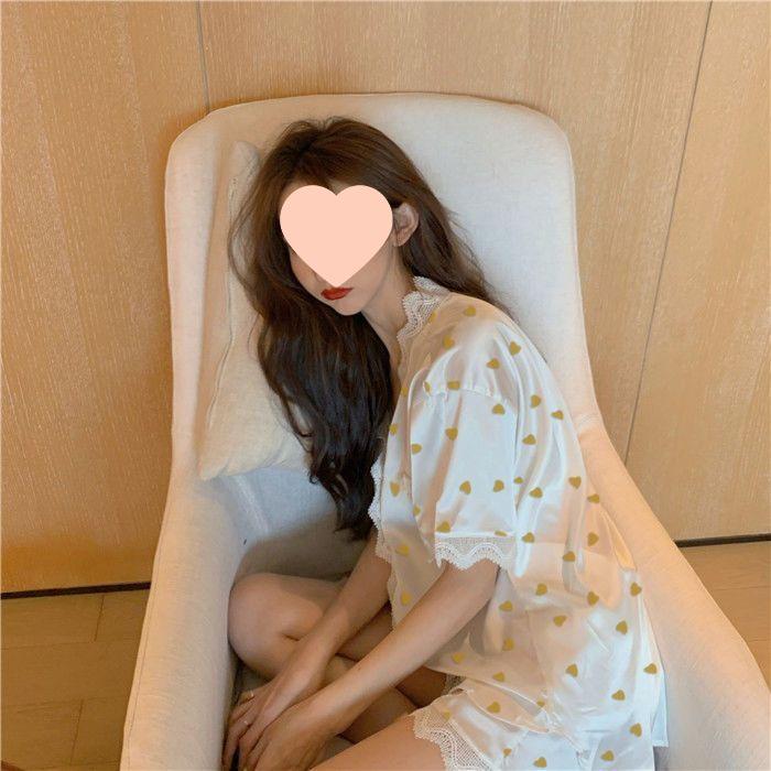 Korean Lace Collar Silky Homewear Set: Short Sleeve Top & Shorts In Solid Color for Spring/Autumn.