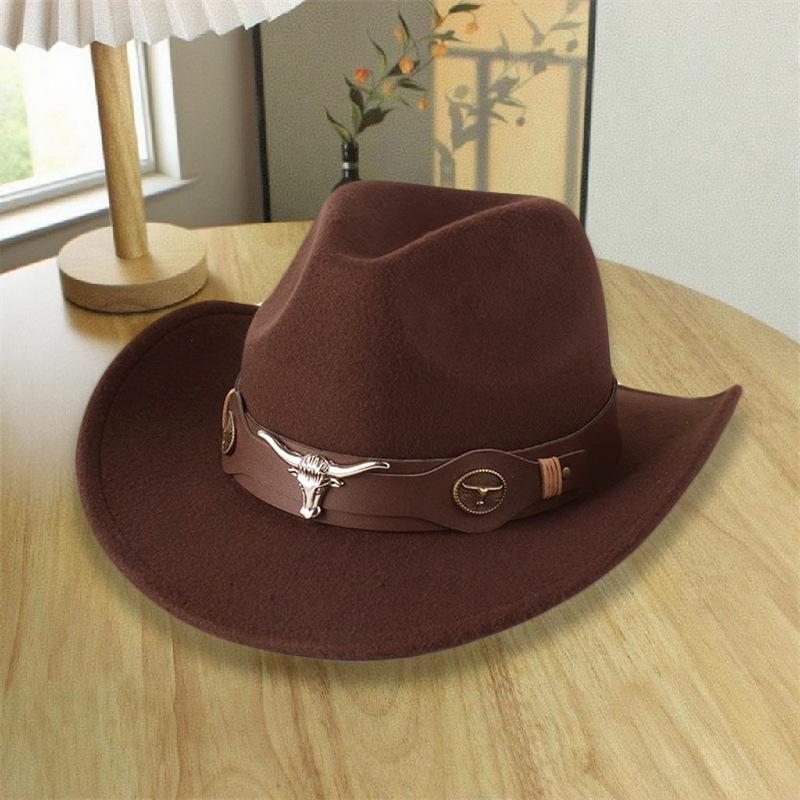 Spring and summer new retro cow head belt crimped woolen cowboy hat children's ethnic style outdoor grassland sunshade top hat