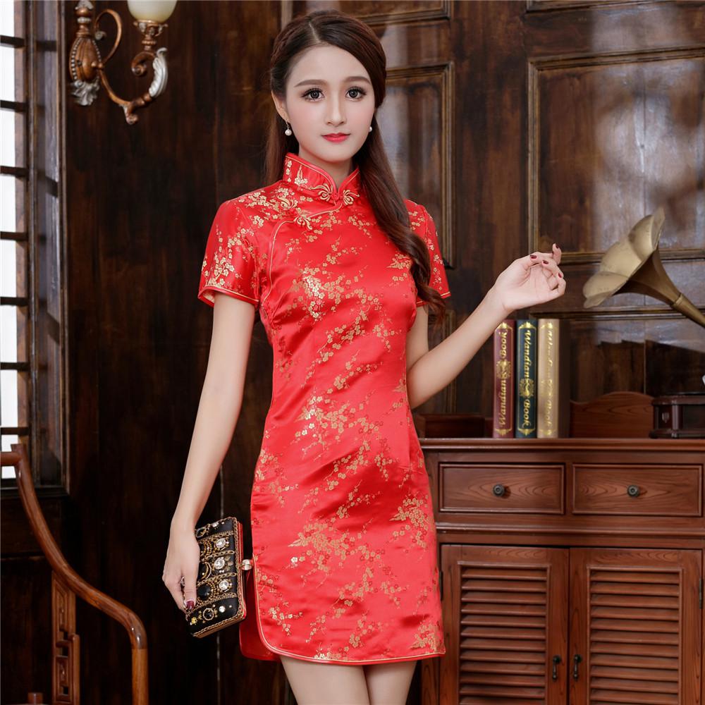 Sexy Oro Donne Cinesi Drago Mini Qipao Tradizionale Raso Cheongsam Casual Vestidos Vestito