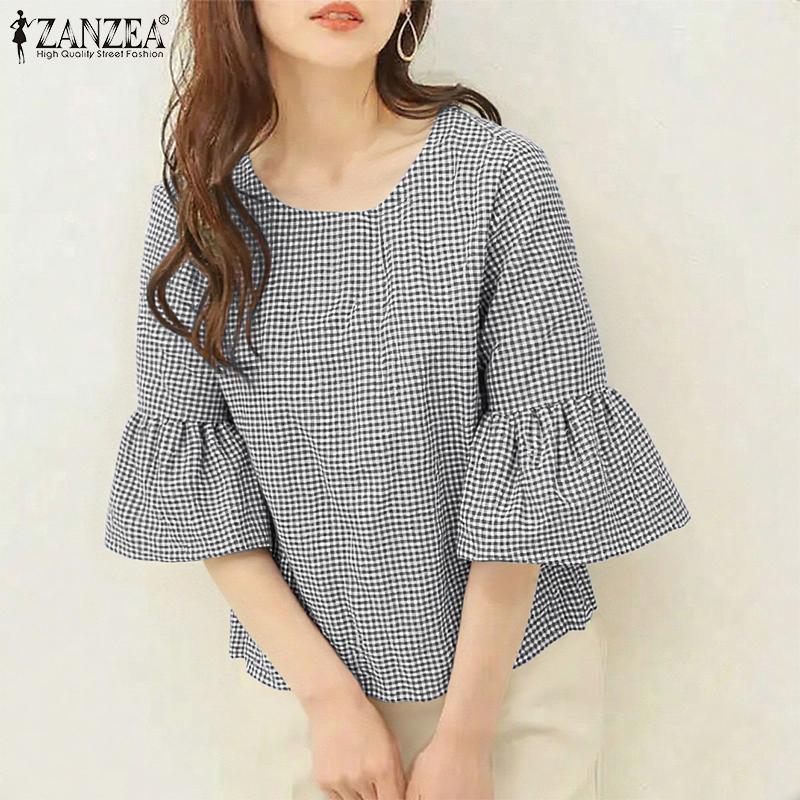 ZANZEA Women Summer Round Neck 3/4 Sleeve Plaid Print Blouse