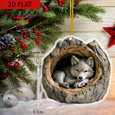 Ciondolo acrilico lupo buco d'albero piatto 2D - pittura ad alta definizione di decorazione natalizia e del Ringraziamento ciondolo portachiavi zaino specchietto auto,
