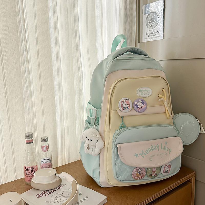 Color Simple Blocked Letter Pattern Student Backpack With Badge Pendant And