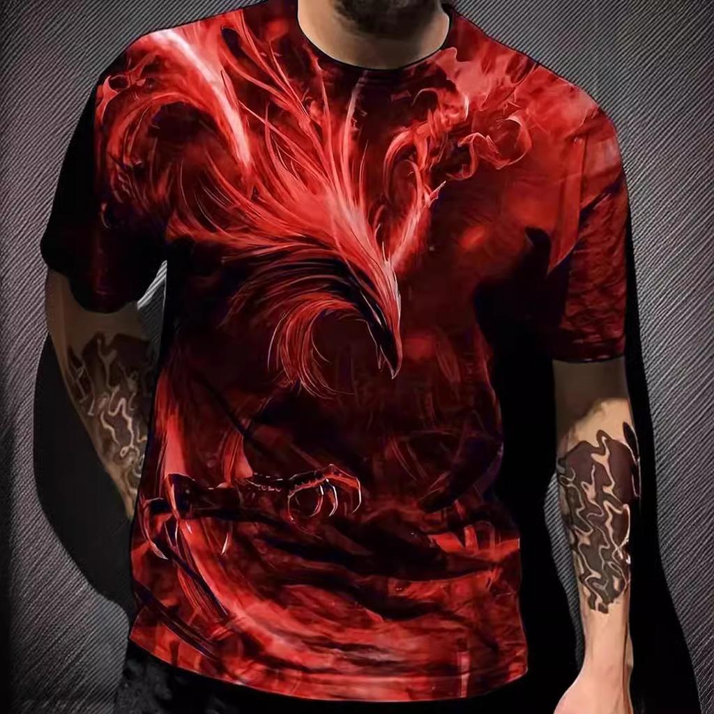 Summer Round Neck Mythical Bird Graphic 3D Print Top Fashionable Casual Short Sleeved Men's T-shirts