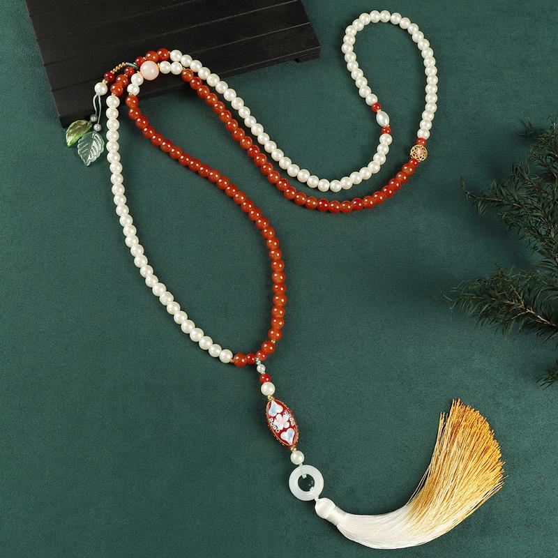 Glazed Beaded Messenger Chain High-end Long Green Sandalwood Fringed Necklace Sweater Chain Accessories Women