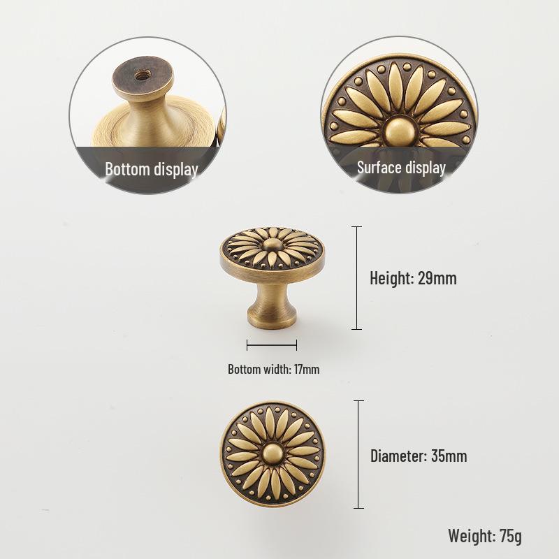 Yellow Bronze Retro French Cabinet Handle - Pure Copper for Wardrobe and Drawer
