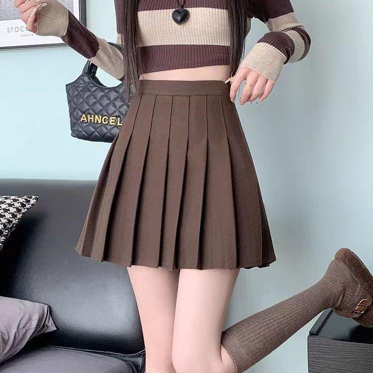 

Coffee Wool High-Waisted A-Line Pleated Mid-Length Skirt - Autumn/Winter Collection XL 115-125 jin