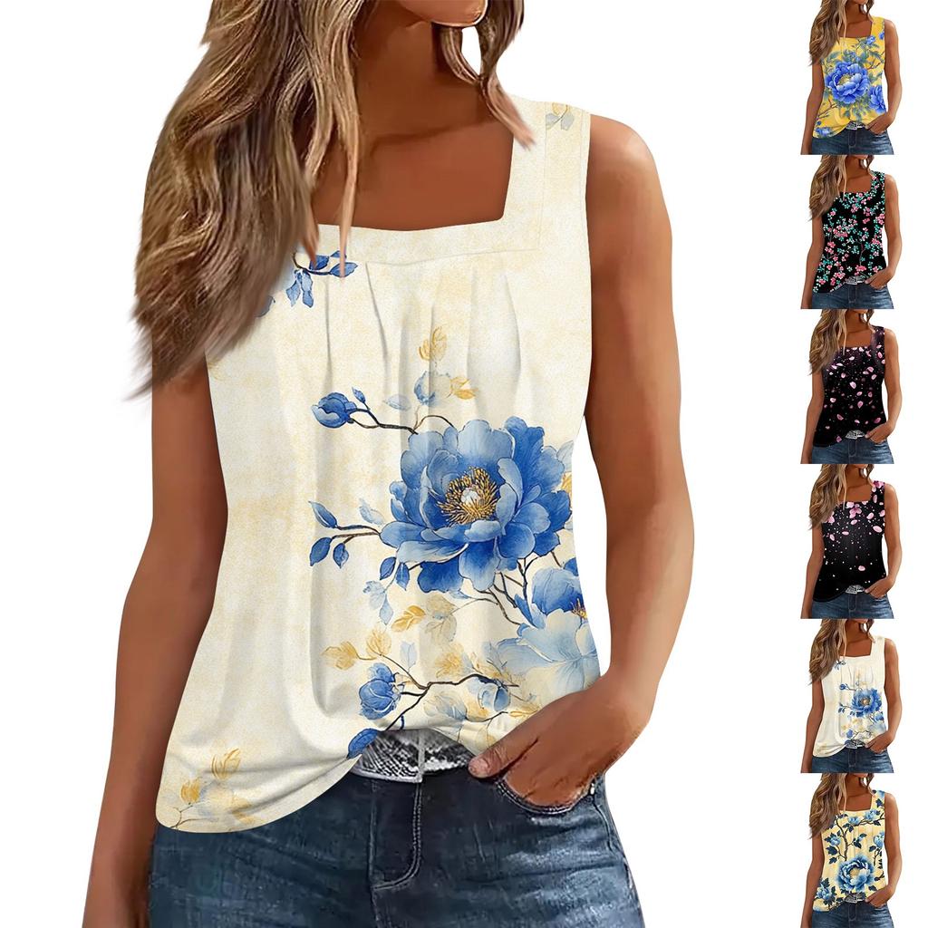 Women's Pleated Square Collar Sleeveless Vest Print T-shirt