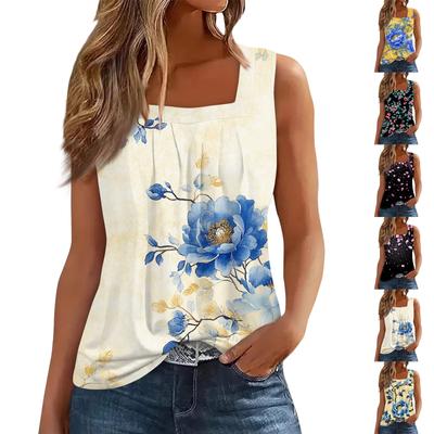 Γυναικείο T-shirt με πλισέ τετράγωνο γιακά και αμάνικο στάμπα