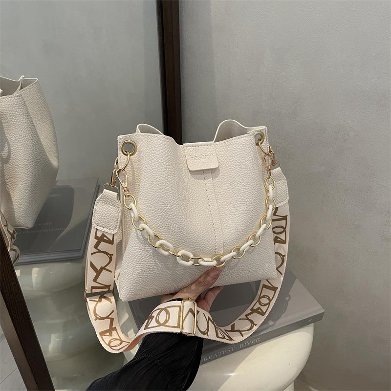 Faux Leather Bucket Bag for Women, Trendy Chain Shoulder Purse, Minimalist Crossbody Handbag KTB