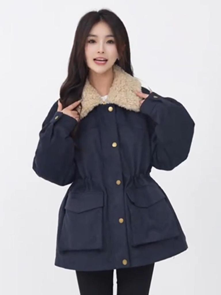 2024 Petite Women's Korean Style Patchwork Lambswool Cotton Parka - Casual, Versatile, and Thickened for Autumn/Winter