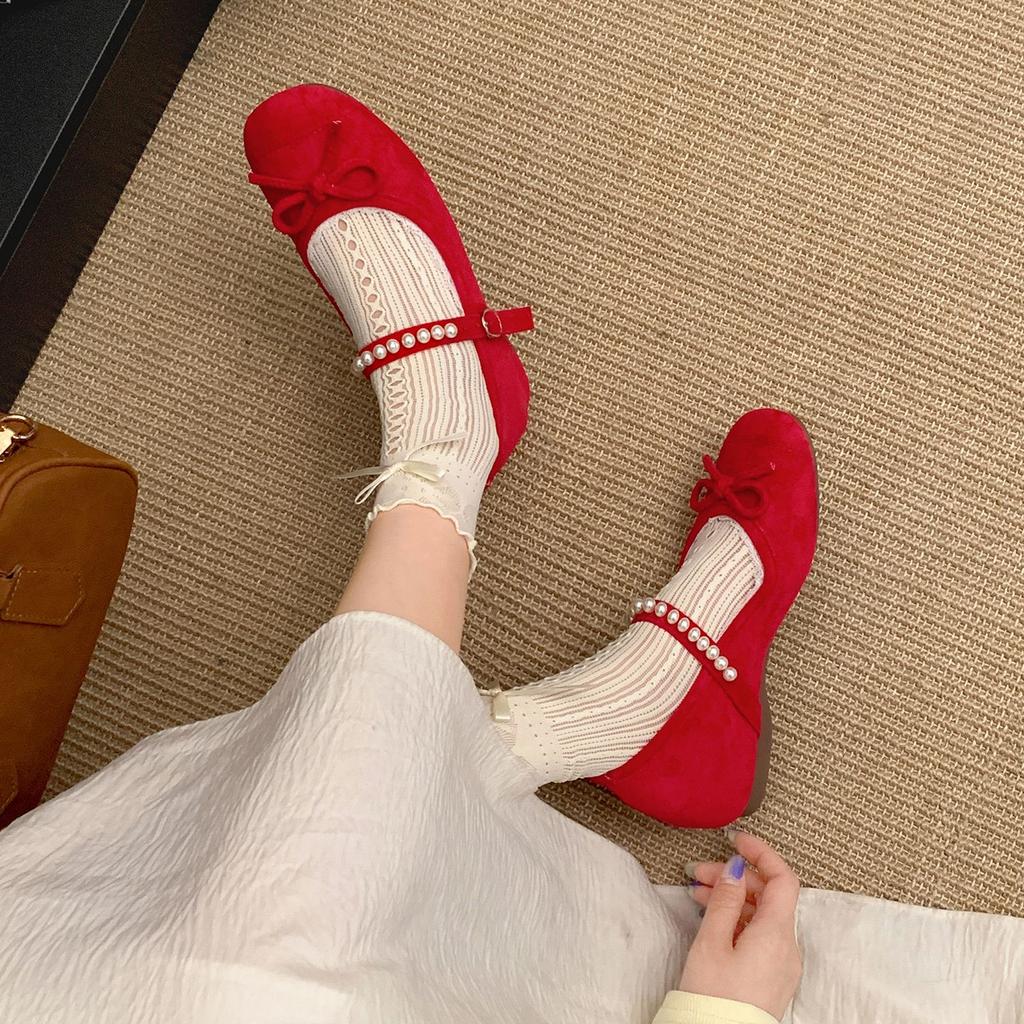 Red French ballet, inner height increase, shallow mouth flat-soled single shoes, women's summer 2025 new skirt, Mary Jane shoes.
