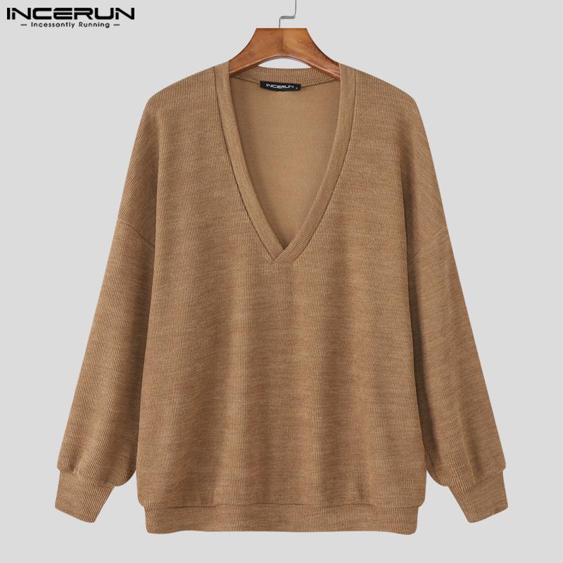 INCERUN Men V Neck Long Sleeve Texture Knitted Casual Pullover Tops