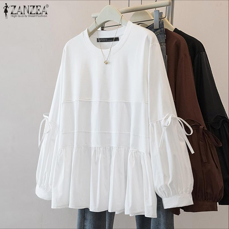 ZANZEA Blouse unie décontractée à manches longues et col rond pour femmes