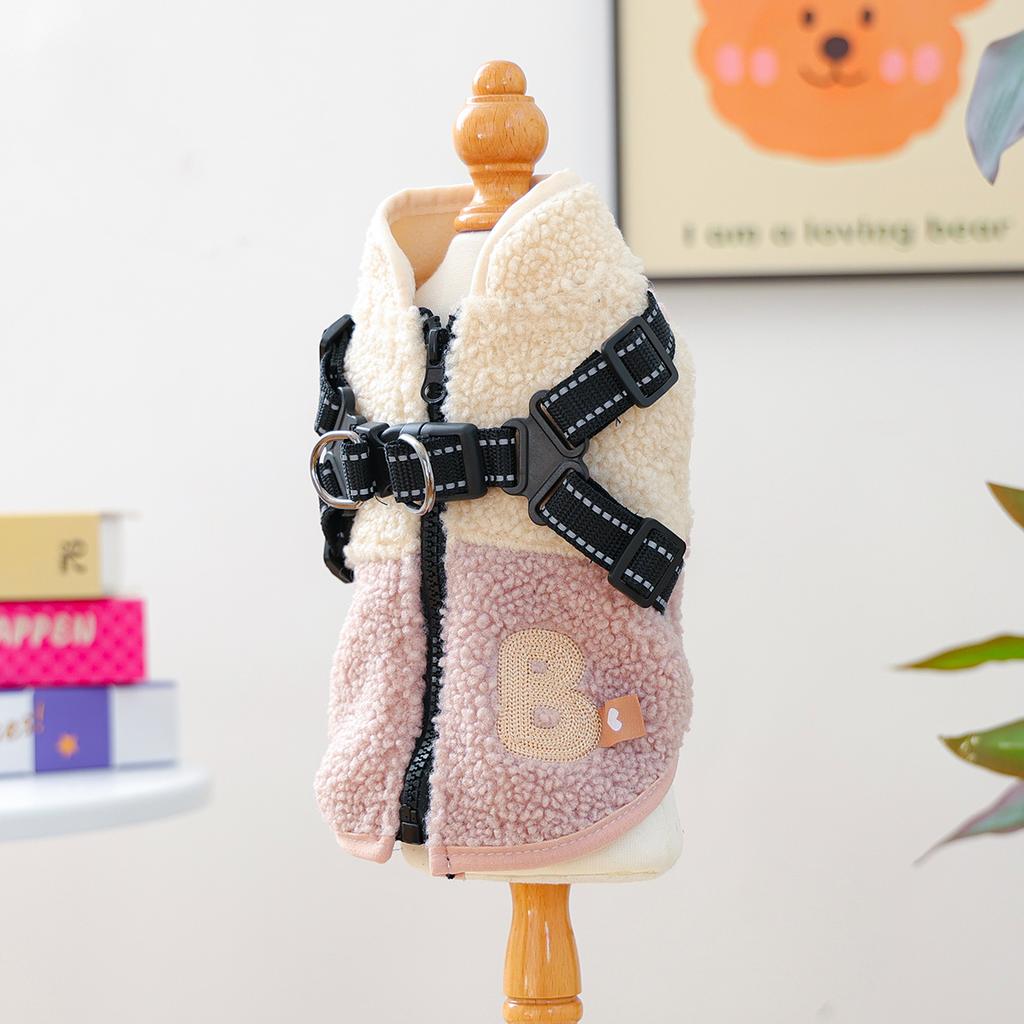 1-piece Pet Clothes, Dogs, Cats, Autumn and Winter Fleece Thickened Warm Vest, Pink and White Splicing Sleeveless Zipper Clothes