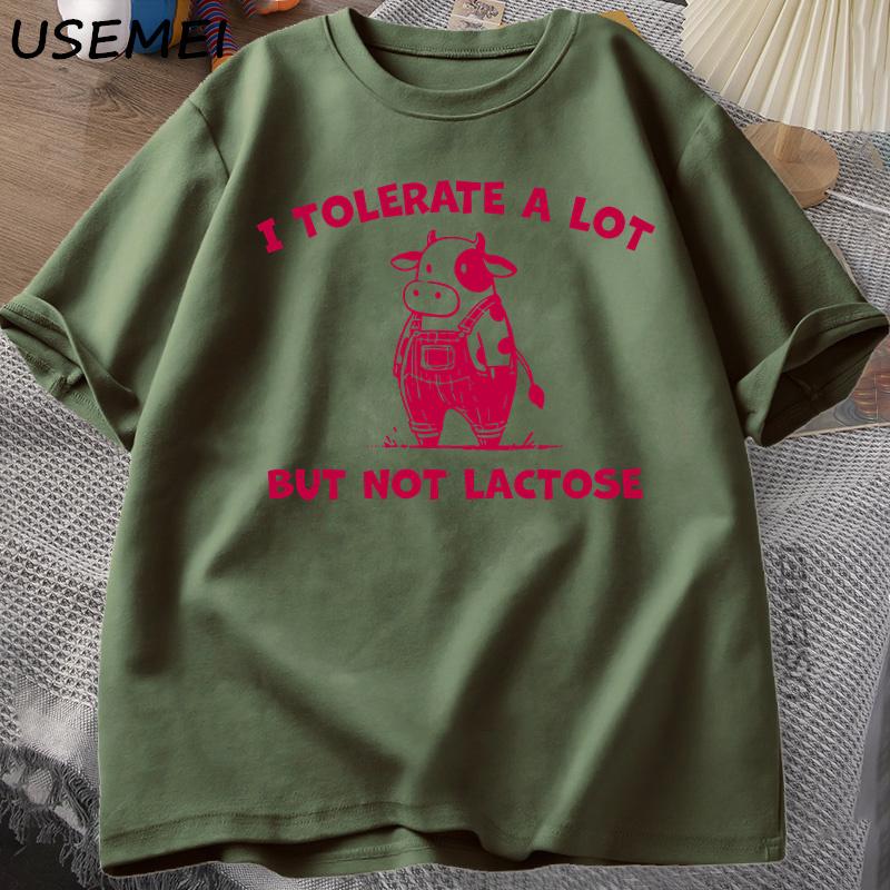 I Tolerate A Lot But Not Lactose Funny TShirt Cute Cow Meme Tee Shirt Vintage Y2K Humor T Shirt Cotton Short Sleeve Unisexs Tops