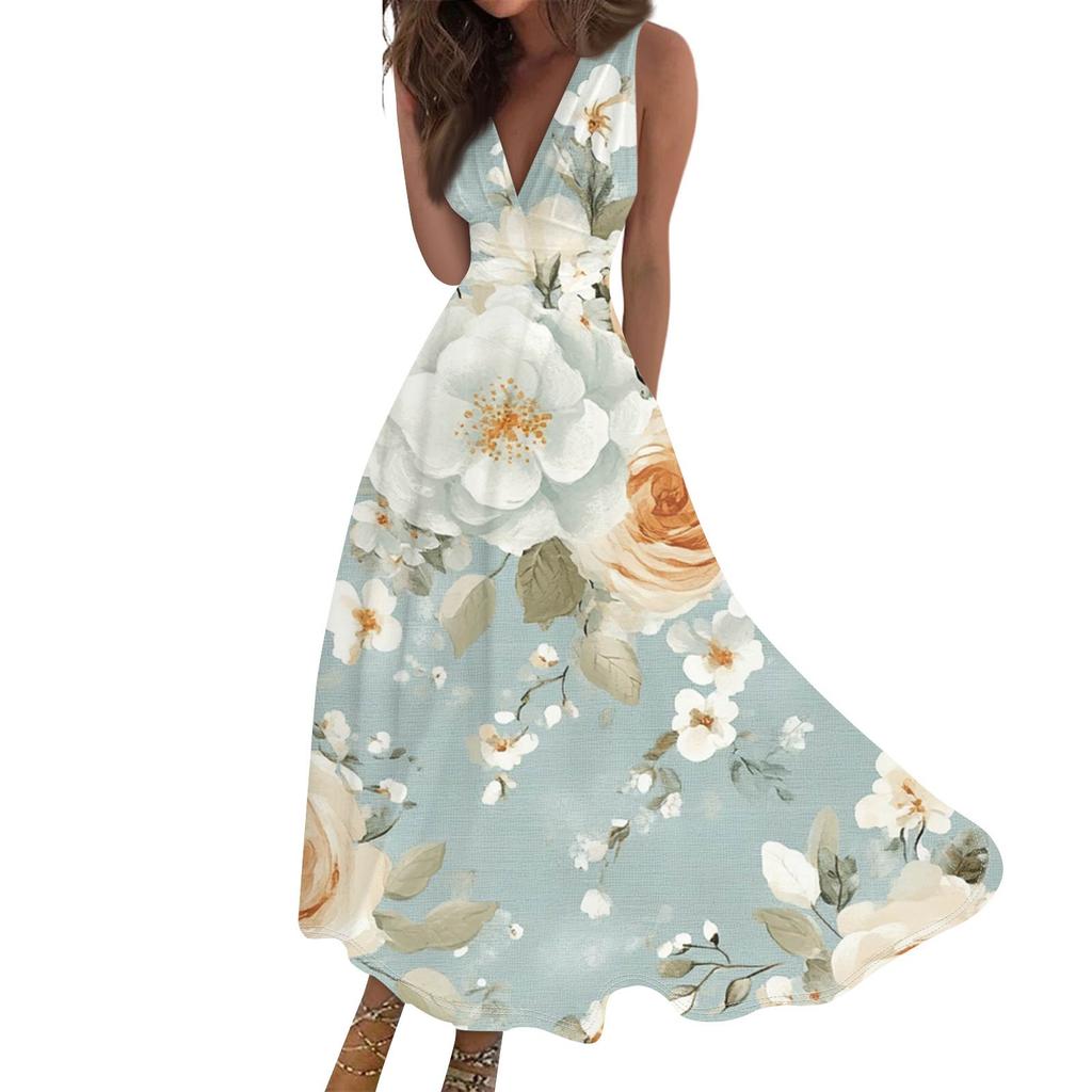 Mote dame avslappet løs V-hals ermeløs trykt kjole