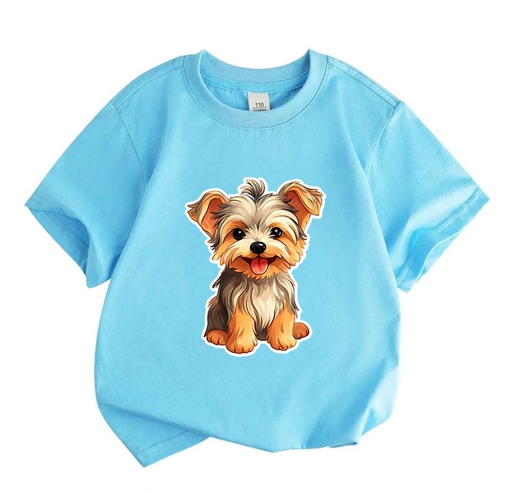 Cute Yorkie Puppy Graphic Kids T Shirt 100% Cotton Crew Neck Short Sleeve Tees for Boys Girls Casual Soft Breathable Animal Dog Print Summer Daily Top
