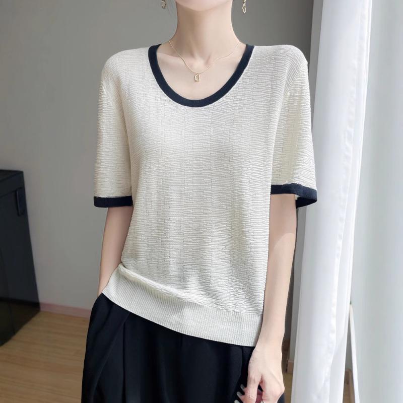Bamboo-joint Linen Round-neck Contrasting Color Knitted Short-sleeved Summer New Versatile U-neck T-shirt Thin Top