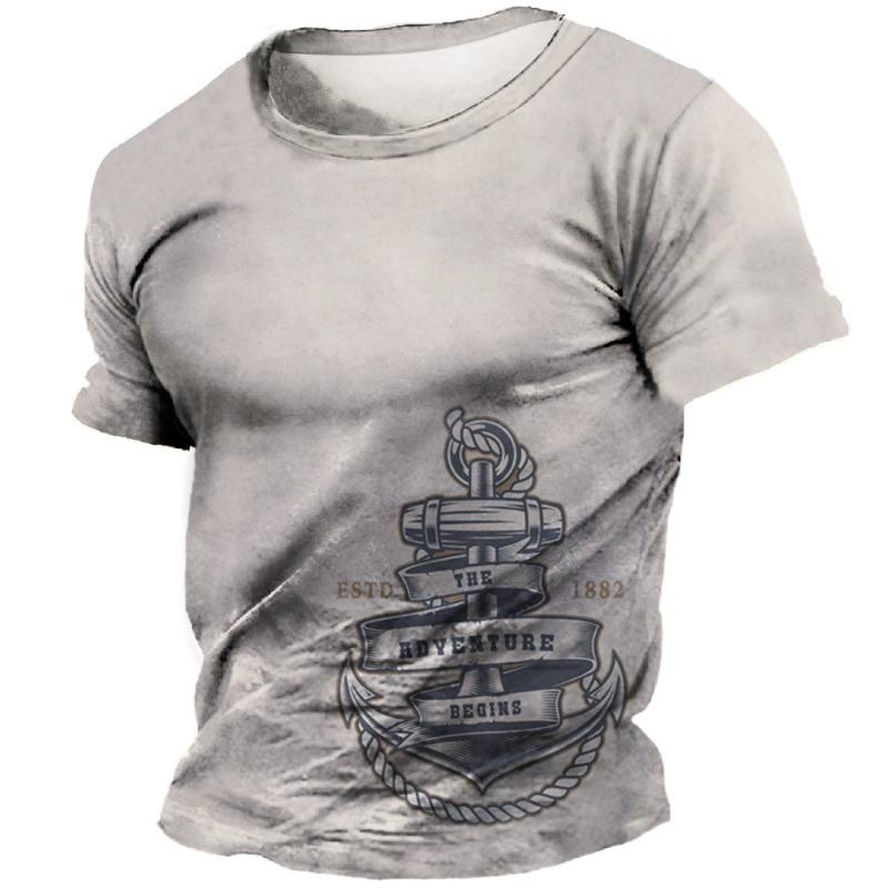 Vintage tričko pro muže 3D potisk navigace Kulatý výstřih Krátký rukáv Módní Hip Hop Streetwear Nadměrné tričko Pánské oblečení
