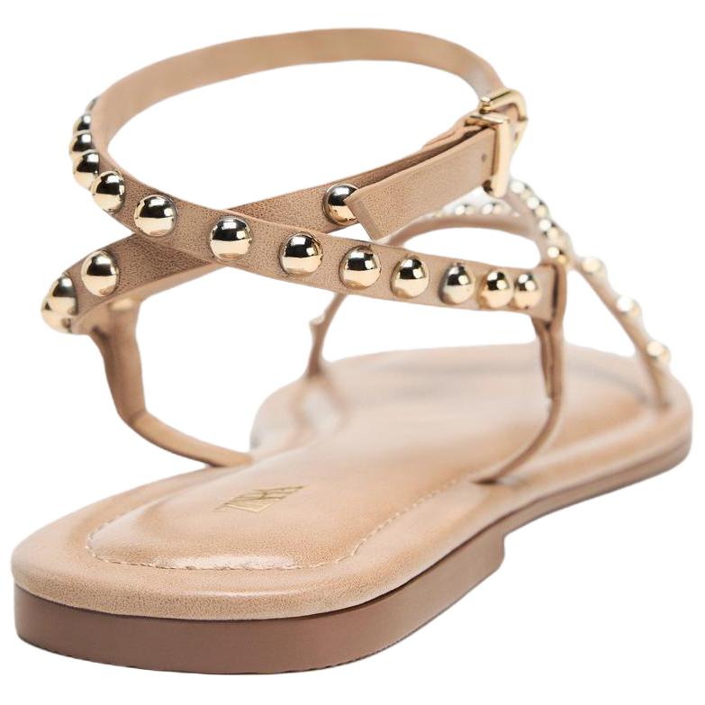 Zara Pu Round Toe Flat Buckle Metal Bead Strap Flat Sandals Women Sandals Beige 2629510098