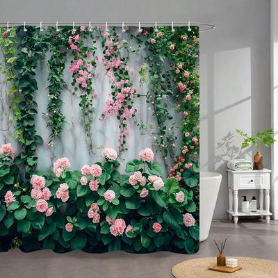 Cortina de Chuveiro para Jardim Exterior Paisagem de Jardim Hera Flores Cor-de-Rosa Folhas Verdes Trepadeira Plantas Verdes Impressão em Tecido Moderna Simples