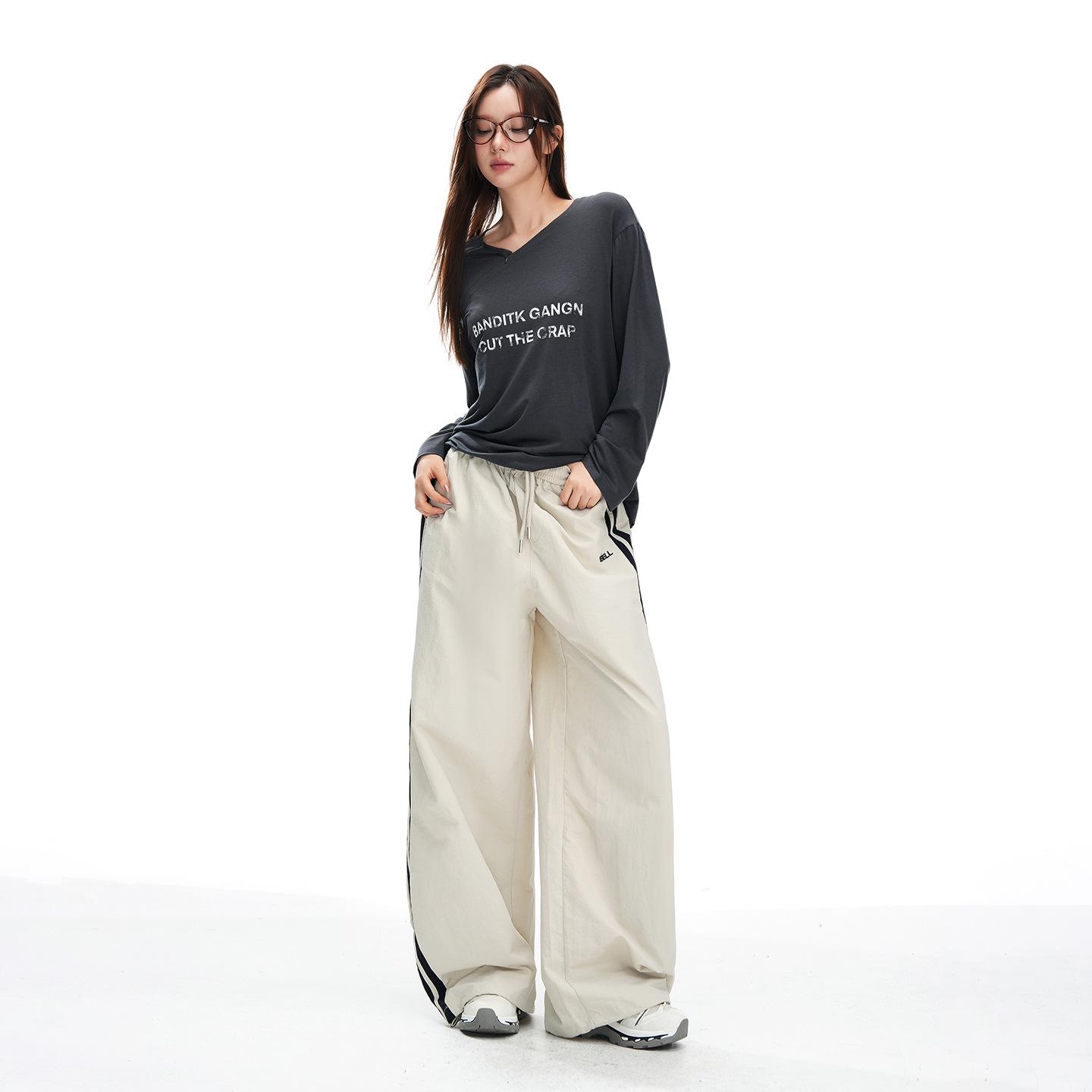 

Women s Autumn Sporty Wide-Leg Pants - Elastic Waist, Quick-Dry, Floor-Length, Draping Style with Drawstring L