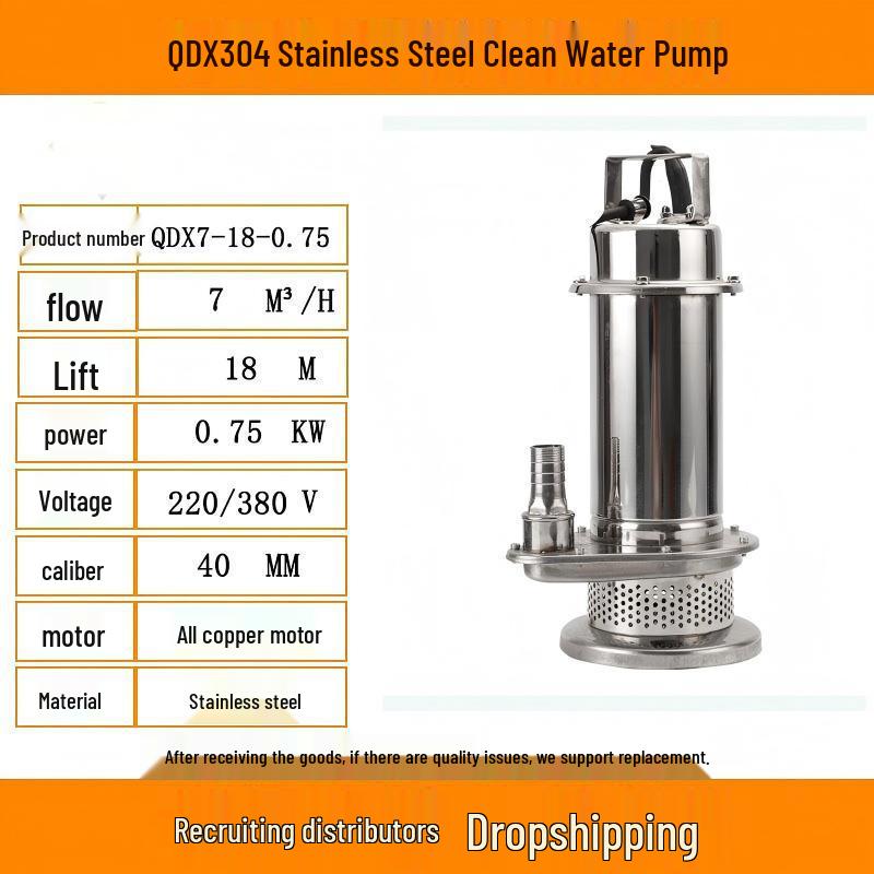 QDX304 Stainless Steel Submersible Water Pump, 220V/380V, High Head with Float Switch for Clean Water