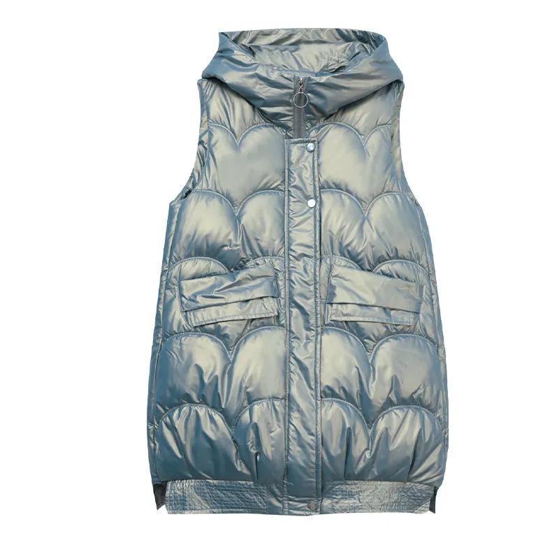 Damer Høst og Vinter Mellomlang Lett Vaskefri Blank Kåpe Ensfarget Hette Yttertøy Vester