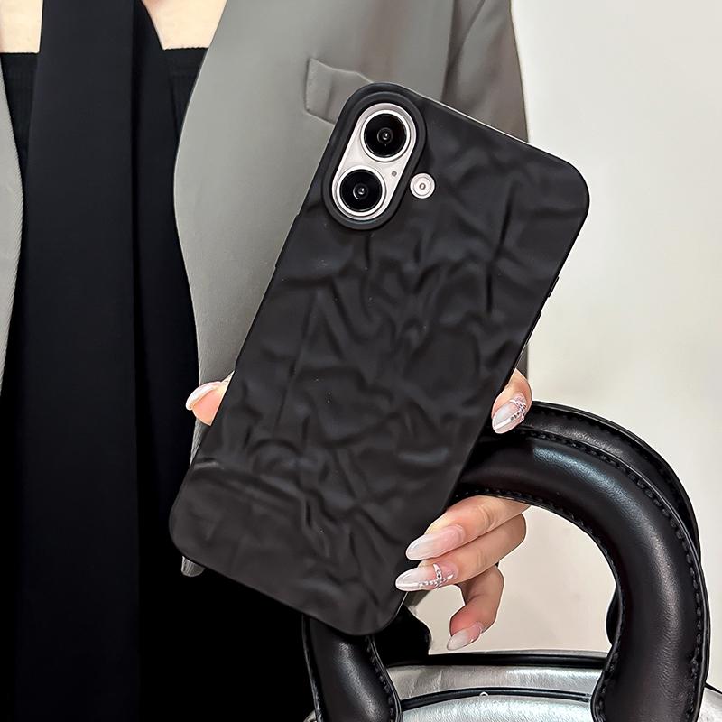 Fashion 3D Wrinkled Tin Foil Texture Matte Black Phone Case For iPhone 17 16 Pro Max Air 11 12 13 14 15 Soft Silicone Back Cover