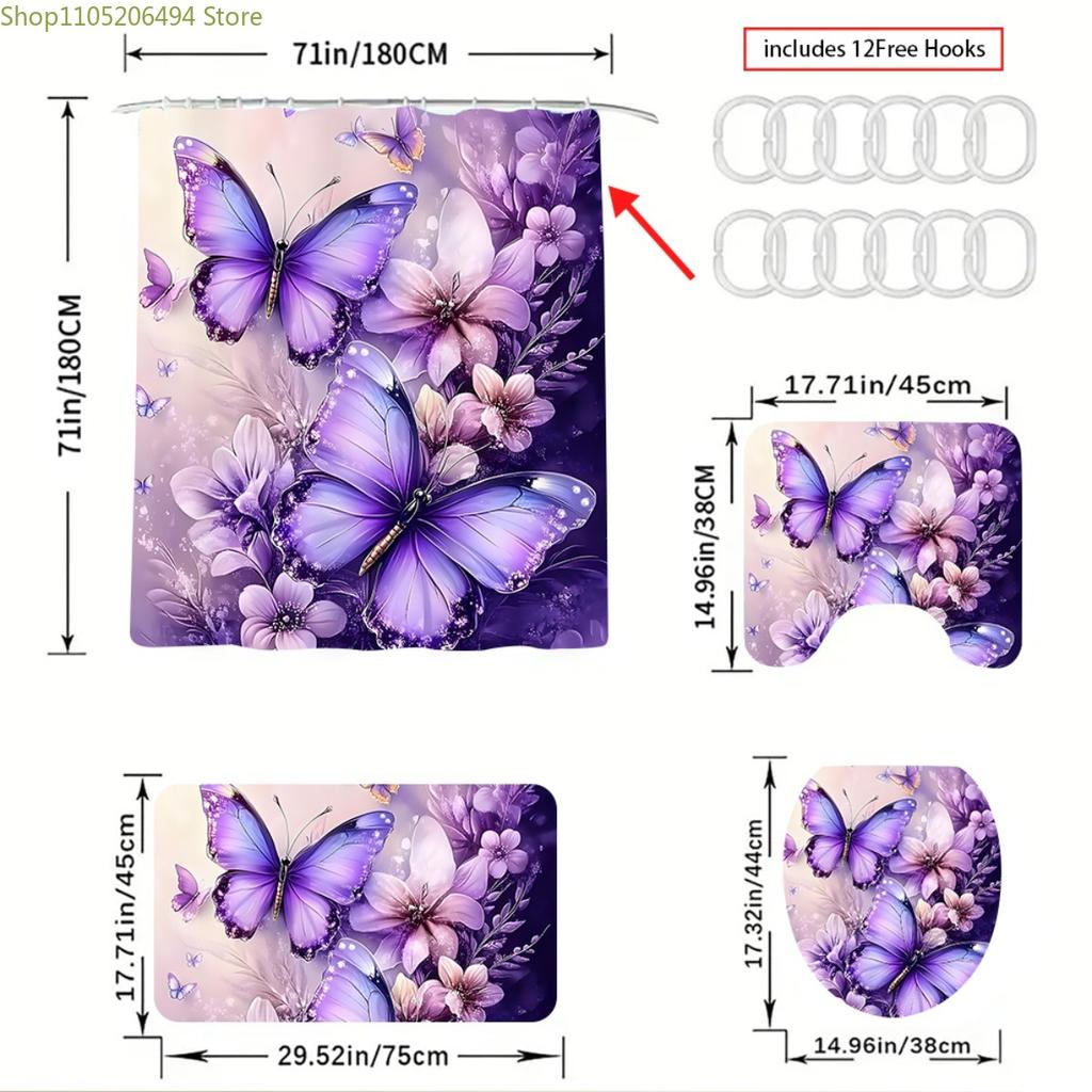 1/3/4pcs, Transform Your Bathroom with Purple Butterfly 2D FLAT Shower Curtain and Matching Rug Set - Elegant Floral Design fo