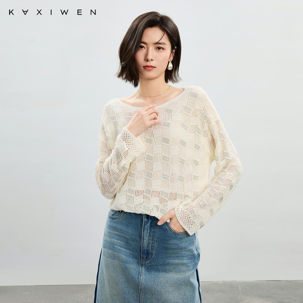 Qianwen Design Sense Linen Knitted Shirt 2025 Spring New Elegant Geometric Hollow out Hot Diamond Hooded Top for Women