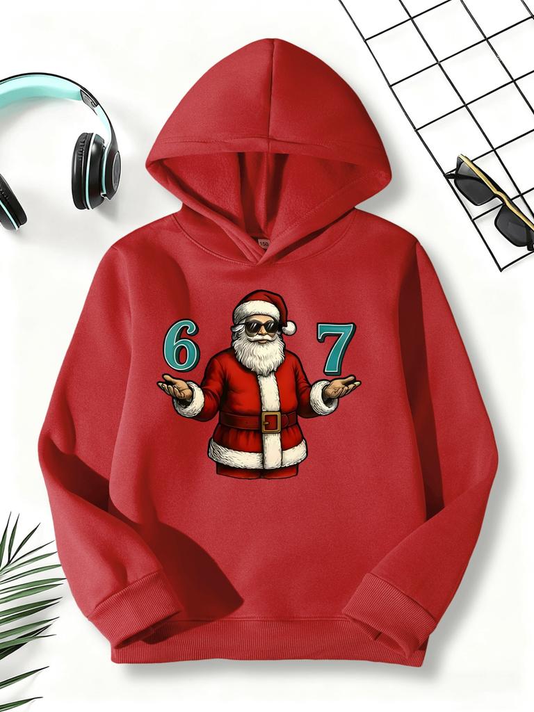 Children Hoodie Trendy Xmas Cool Santa 67 Number Cartoon Front Graphic Print Long Sleeve Pullover Sweatshirt Kids Sport Tops