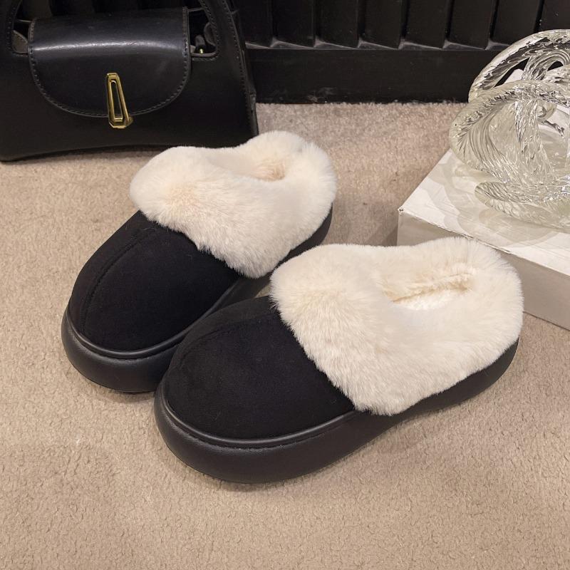 Simple Solid Color Bag Head Fluffy Slippers Women's Autumn and Winter New Outer Wear Thick Bottom Heightening Warm Home Cotton Slippers