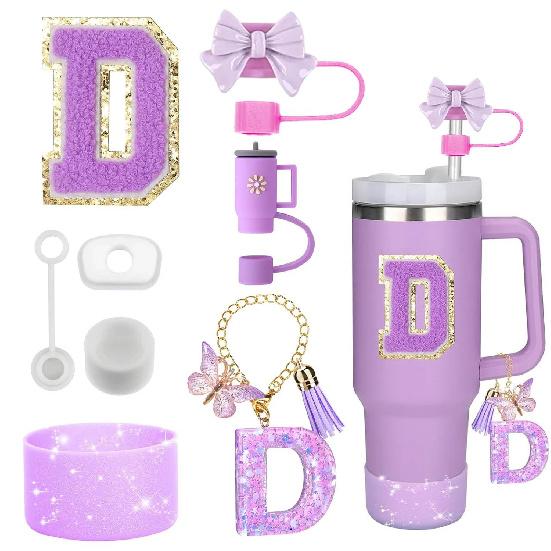 8PCS Accessories Set for Stanley Cup Purple 30oz 40oz Tumbler Silicone Straw Topper Cover Cap Boot Handle Charm Initials Sticker Cup Holders 5