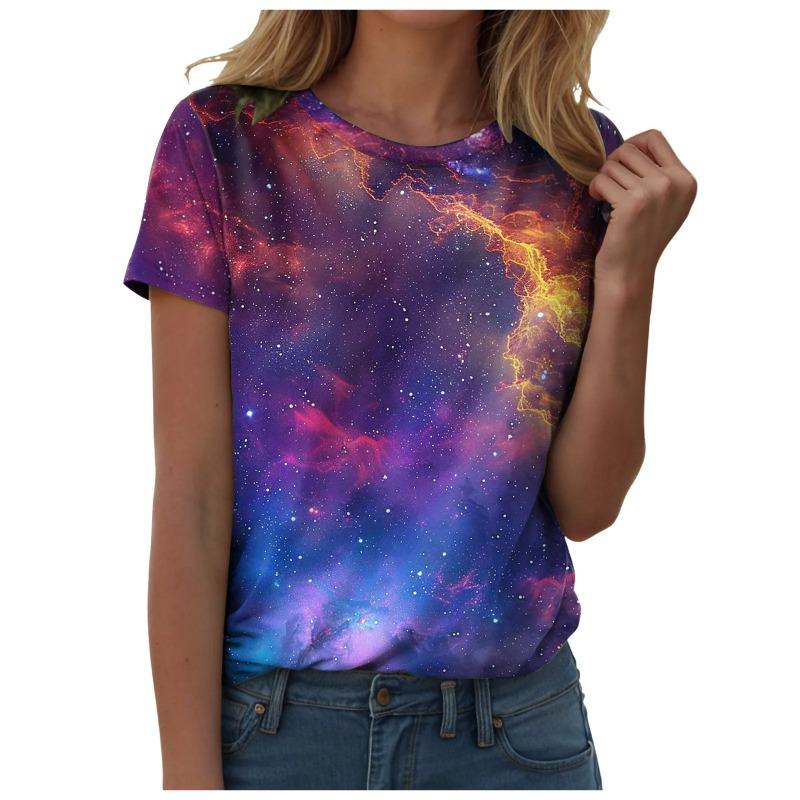 Summer Tops for Women Casual Galaxy Shirt Women Galaxy Print T Shirts Glitter Shirts Blouse Fashionable Starry Plain Shirt