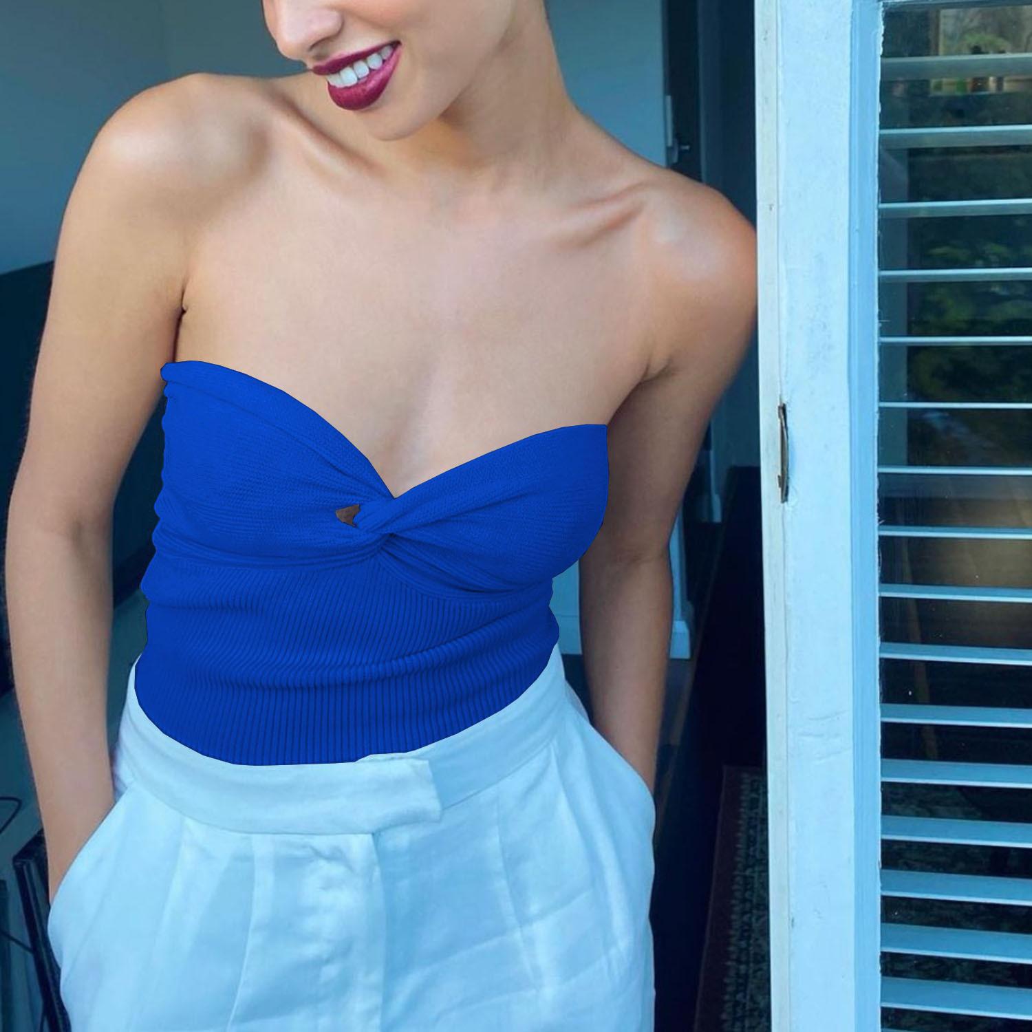 

Вязаные топы-трубы женские летние однотонные тонкие с открытыми плечами сексуальные бюстье базовый укороченный топ без рукавов с открытой спиной 2024 отпуск повседневная пляжная вечеринка уличная одежда XL синий