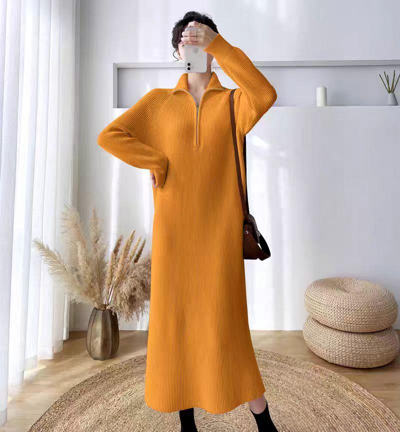 Women's Temperament Knitted Sweater Medium and Long Fashion Pullover Sweater Loose Zipper Bottom Dress