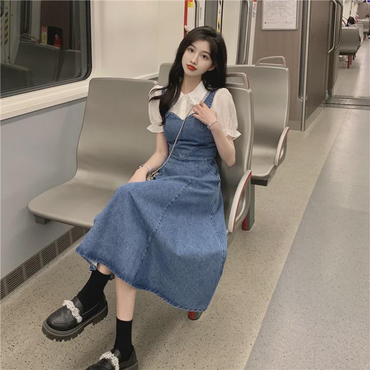 Women's Chic French-Style Denim Overall Skirt - Retro, Sweet, and Elegant Hong Kong Inspired Design