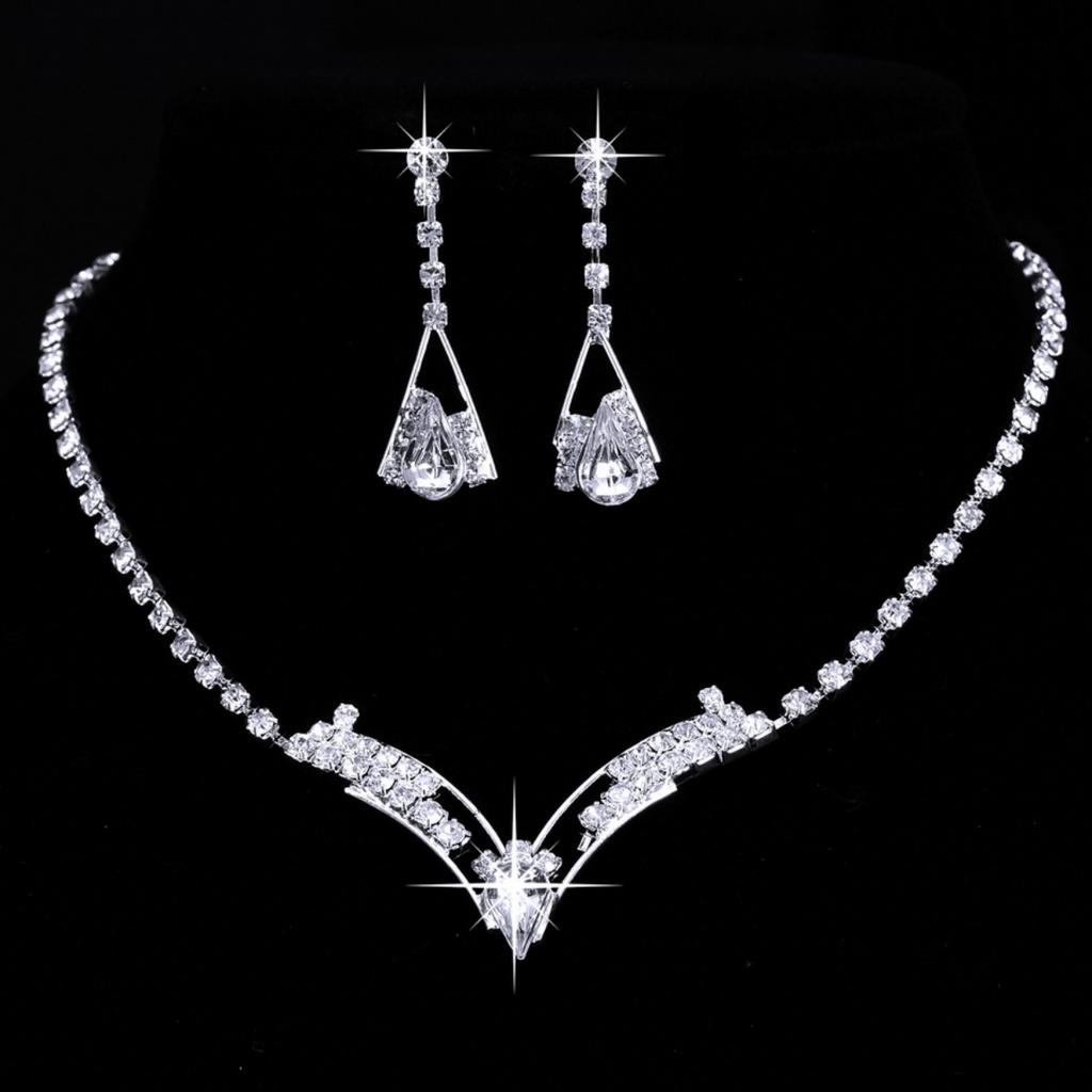 Luxury Rhinestone Geometric Bridal Necklace Earrings Set For Women Dainty Elegant Waterdrop Crystal Wedding Banquet Zircon Set