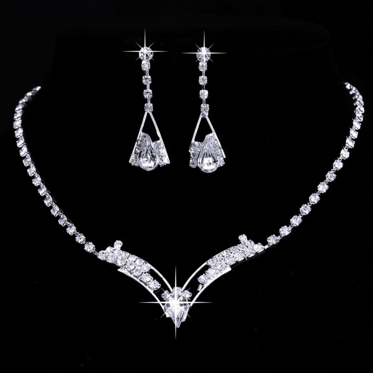 

Luxury Rhinestone Geometric Bridal Necklace Earrings Set For Women Dainty Elegant Waterdrop Crystal Wedding Banquet Zircon Set