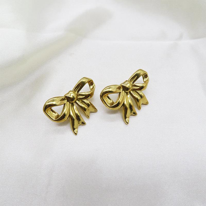 18k Gold Stainless Steel Bow Pendant Necklace with Earrings & Adjustable Ring Set