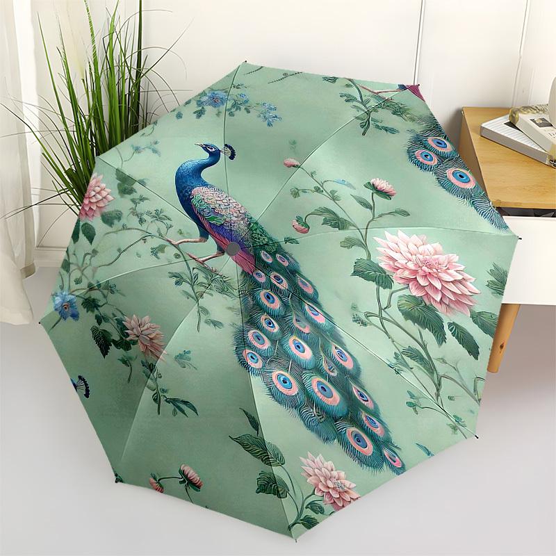1PC Peacock Flowers Umbrella-8-Rib Reinforced, Automatic Open, Lightweight & Durable, Fashion Accessory for Outdoor, Beach L0331