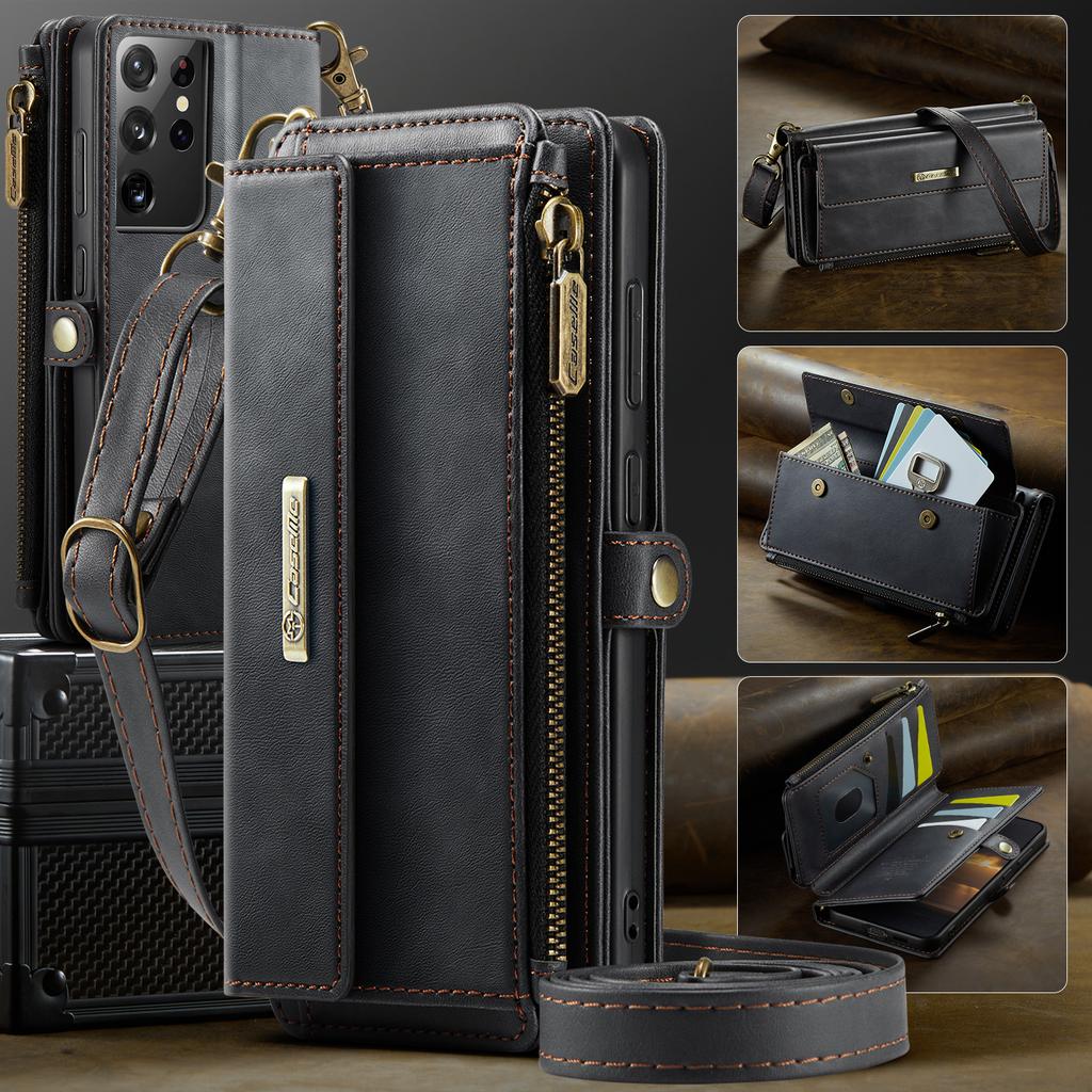For Samsung Galaxy S21 Ultra 5G Case CASEME C39 RFID Blocking Zipper Wallet Stand Leather Cover with Strap