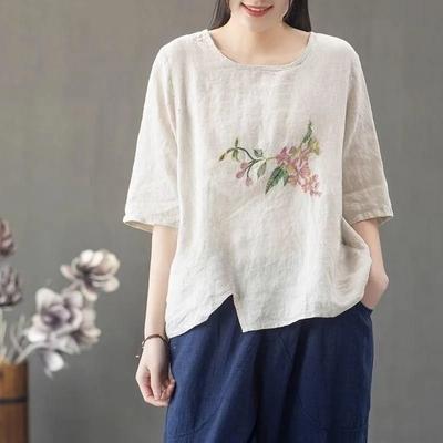 Women's Summer Artistic Loose Chinese Ethnic Style T-shirt Thin Embroidered Comfortable Top